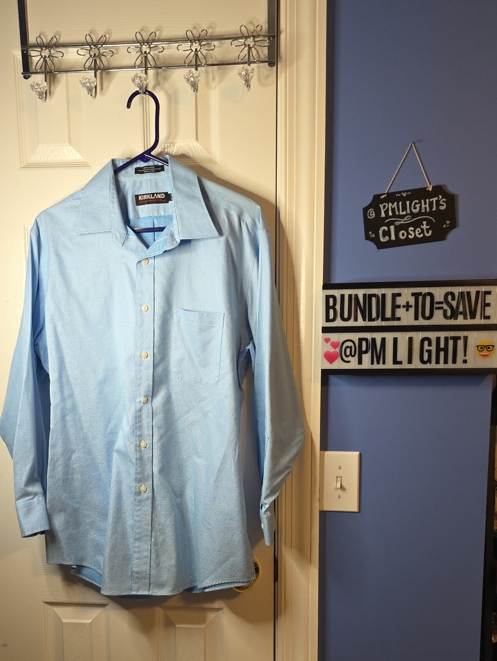 Kirkland Signature Light Blue White Small Check Long-Sleeve Dress Shirt 16 1/2
